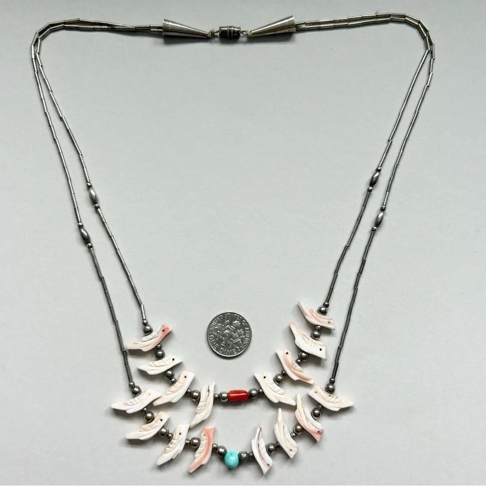 Vintage Southwestern Two Strand Fetish Turquoise Coral Sterling Silver Necklace - Picture 12 of 13